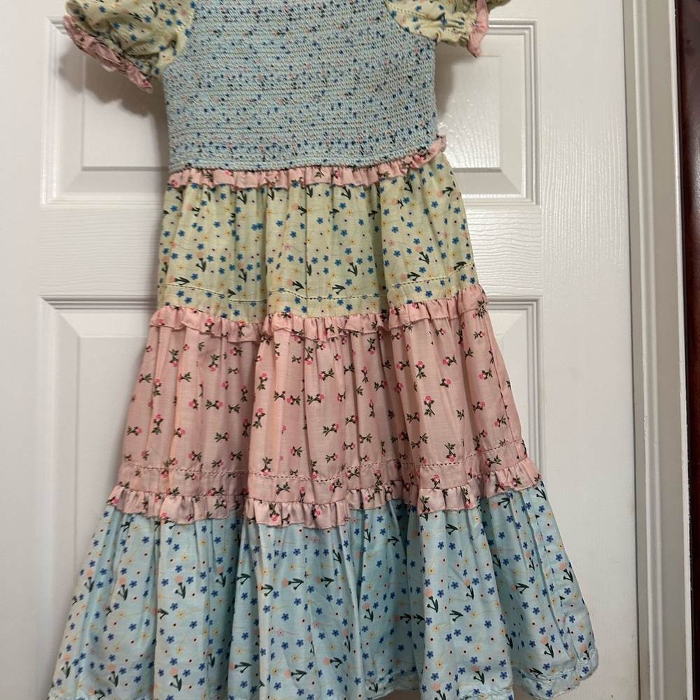 Ivy City Co mini Emily Floral Tiered Dress in Pink, Blue & Cream